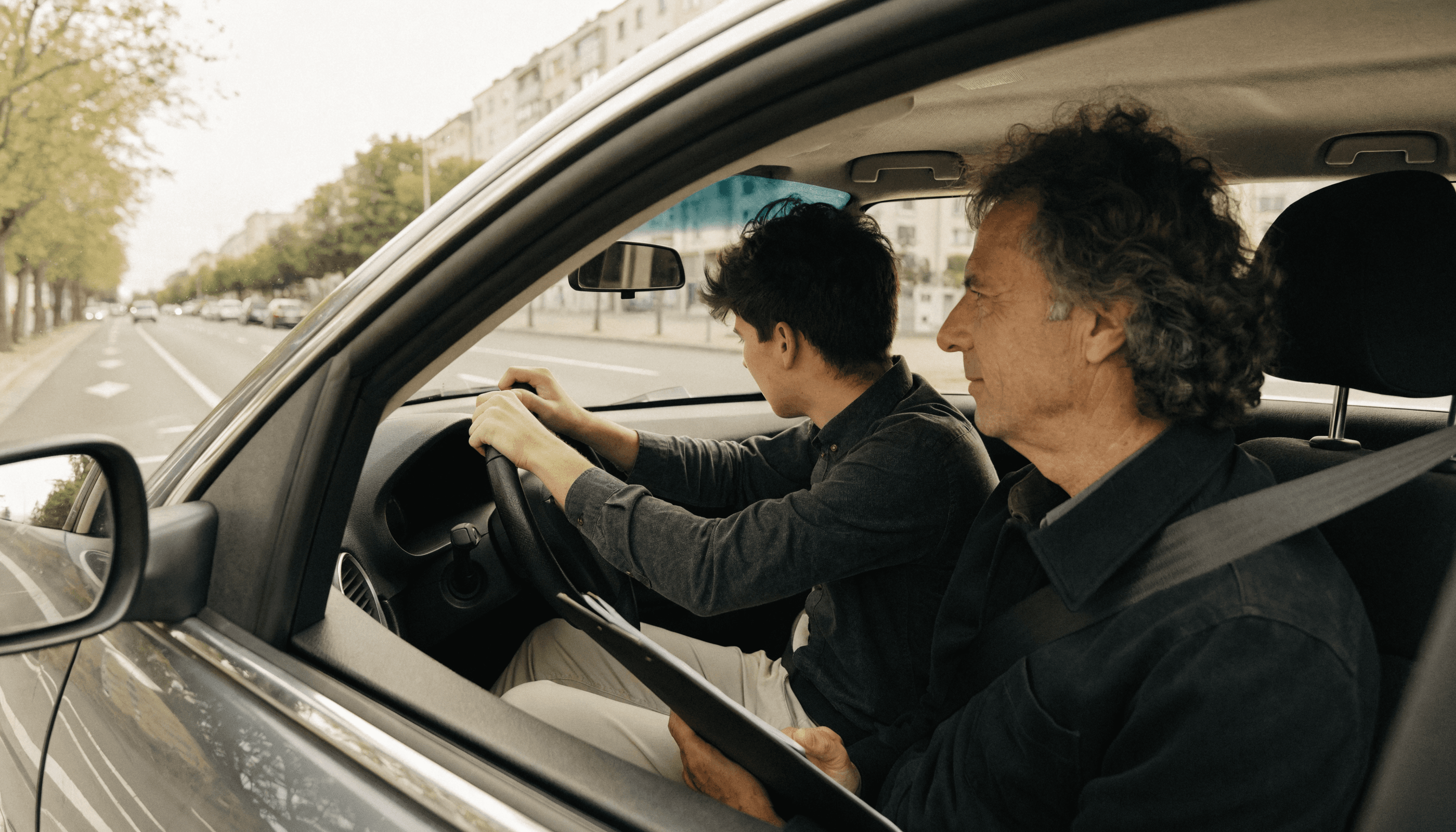 Fahrschüler am Steuer auf einer Berliner Hauptstraße, Fahrlehrer beobachtet den Verkehr.