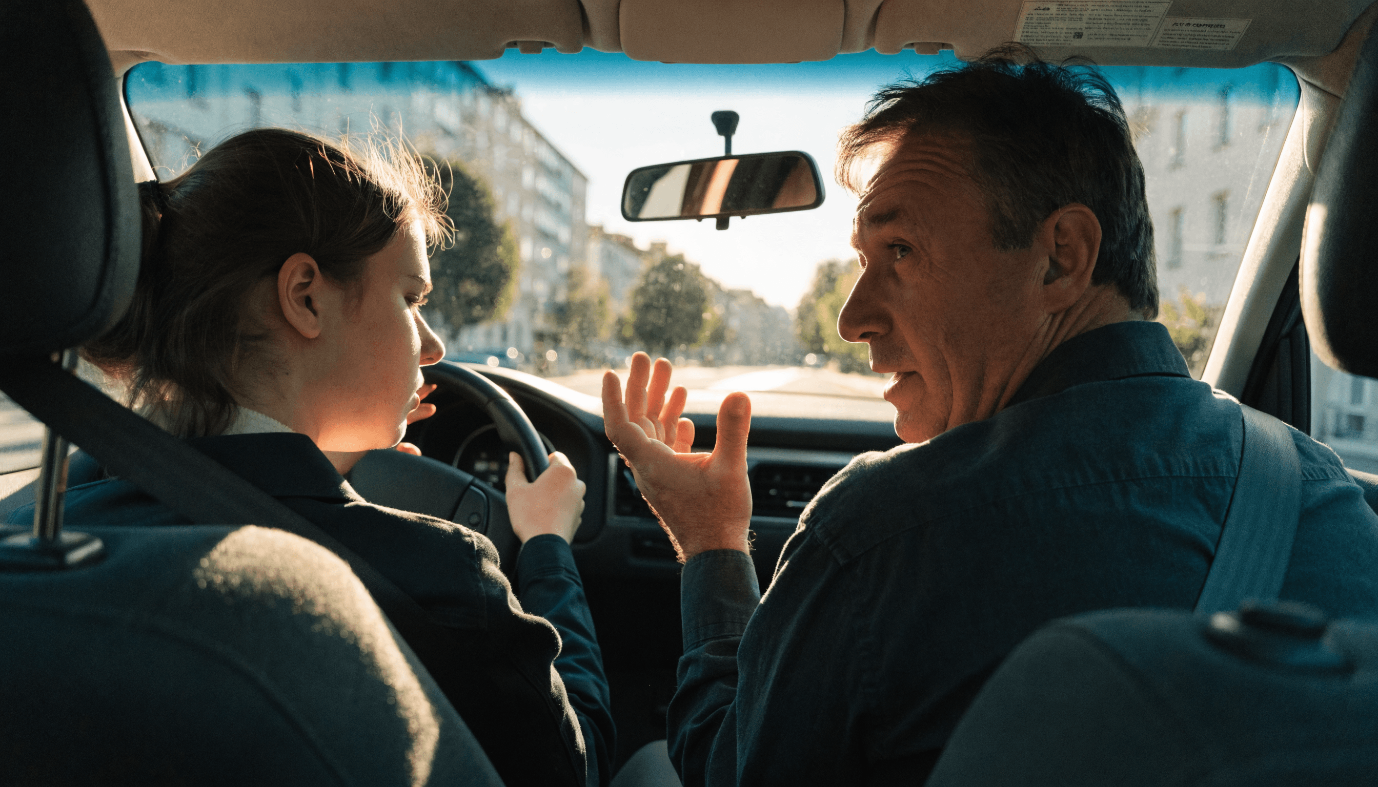 Fahrschülerin am Steuer eines Fahrschulwagens, Fahrlehrer erklärt vom Beifahrersitz aus.
